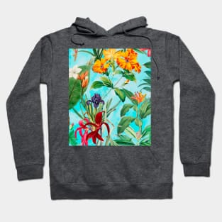 Colorful tropical floral leaves botanical illustration, tropical plants,leaves and flowers, aqua blue leaves pattern Hoodie